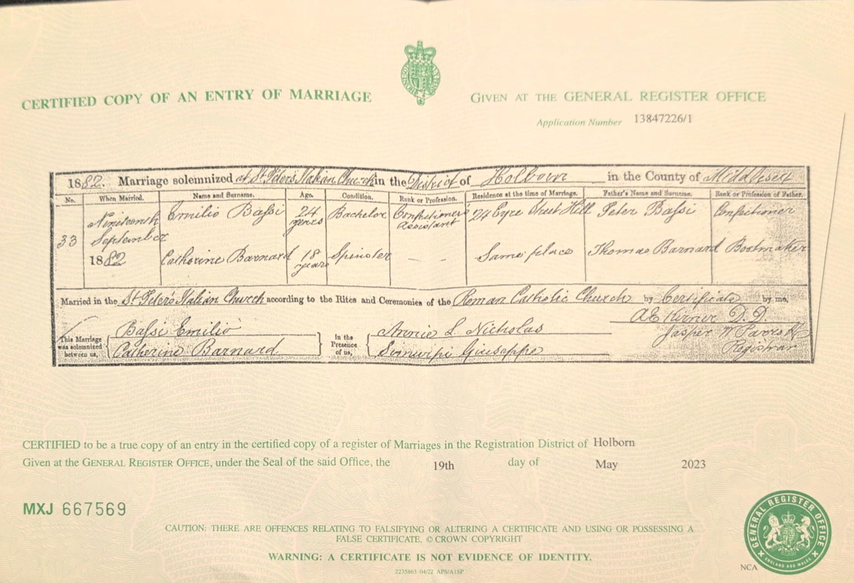 GRO certified copy of Emilio Bassi marriage 1882