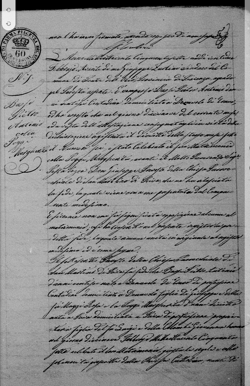 Pietro Bassi marriage register page 1