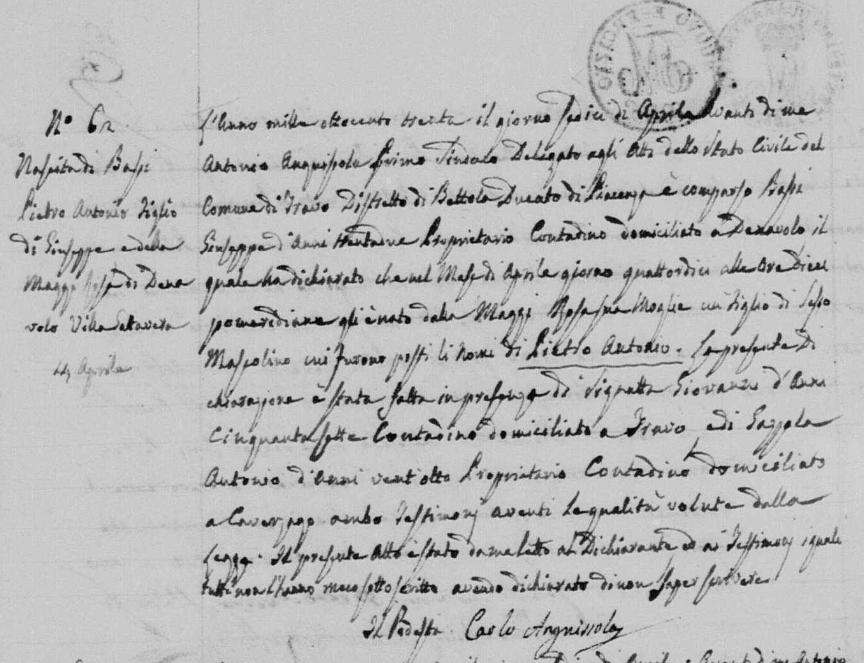 Pietro Bassi birth register 1830